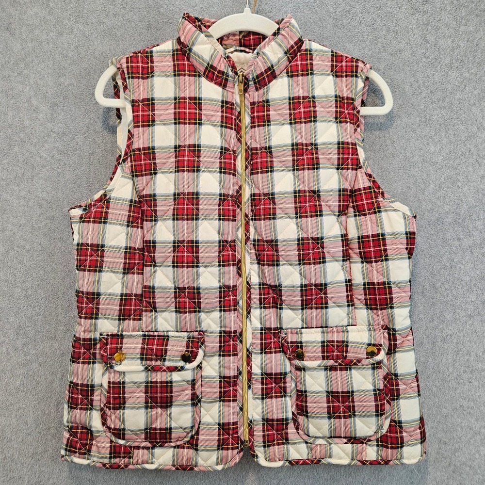 ST JOHN'S BAY Quilted Vest Women L Red Plaid Full Zip Pockets Holiday Preppy